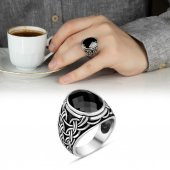 Siyah Zirkon Taşlı Örgü Desenli 925 Ayar Gümüş Yüzük thumbnail 2