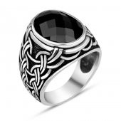 Siyah Zirkon Taşlı Örgü Desenli 925 Ayar Gümüş Yüzük thumbnail 4