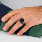 Siyah Oniks Taşlı Osmanlı Tuğra Detaylı 925 Ayar Gümüş Erkek Yüzük thumbnail 2