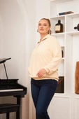 Büyük Beden Yakası Fermuarlı Sweatshirt Ekru - 2