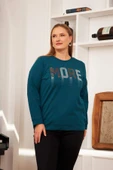 Büyük Beden Taş Baskılı Sweatshirt  Petrol - 1