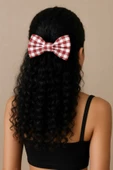El Yapımı Kırmızı Beyaz Ekose Kumaş Fiyonk Toka – Büyük Boy Saç Aksesuarı - 2