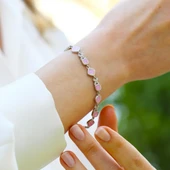 Pembe Opal Taşlı Çiçek Gümüş Bileklik thumbnail 2