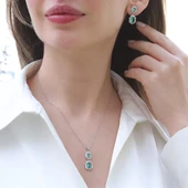Elips Çiçek Paraiba Taşlı Gümüş Set - 1