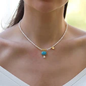 Göz Turkuaz İncili Gold Doğaltaşlı Gümüş Kolye thumbnail 2