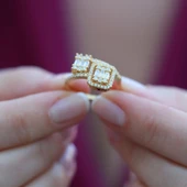 Floral Vine Halo Baget Kesim Gold Kaplama Sky Diamond Gümüş Yüzük thumbnail 2