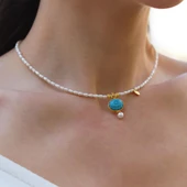 Göz Turkuaz İncili Gold Doğaltaşlı Gümüş Kolye thumbnail 4