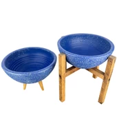 LACİVERT GRANİT BOYALI ARANJMAN-SUNUMLUK TOPRAK SAKSI-İKİLİ SET-20 CM ÇAP - 4