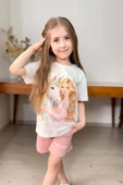 Kız Çocuk Üzeri Digital Bebek ve At Baskılı Penye T-Shirt Pudra Şortlu Takım thumbnail 7
