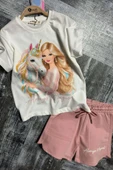 Kız Çocuk Üzeri Digital Bebek ve At Baskılı Penye T-Shirt Pudra Şortlu Takım thumbnail 8