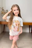 Kız Çocuk Üzeri Digital Bebek ve At Baskılı Penye T-Shirt Pudra Şortlu Takım thumbnail 9