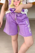 Kız Çocuk Papatya Ve The Beauty Yazı Baskılı Penye T-Shirt Lila Şortlu Takım thumbnail 10