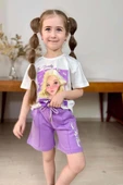 Kız Çocuk Papatya Ve The Beauty Yazı Baskılı Penye T-Shirt Lila Şortlu Takım thumbnail 8