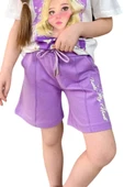 Kız Çocuk Papatya Ve The Beauty Yazı Baskılı Penye T-Shirt Lila Şortlu Takım thumbnail 13