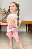 Kız Çocuk Papatya Ve The Beauty Yazı Baskılı Penye T-Shirt Pudra Şortlu Takım thumbnail 9