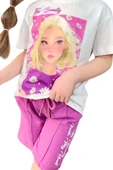 Kız Çocuk Papatya Ve The Beauty Yazı Baskılı Penye T-Shirt Mor Şortlu Takım thumbnail 6