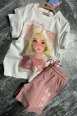 Kız Çocuk Papatya Ve The Beauty Yazı Baskılı Penye T-Shirt Pudra Şortlu Takım thumbnail 8