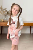Kız Çocuk Çiçek Ve Girl Yazı Baskılı Penye T-Shirt Pudra Şortlu Takım thumbnail 10