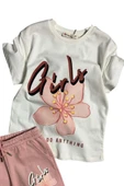 Kız Çocuk Çiçek Ve Girl Yazı Baskılı Penye T-Shirt Pudra Şortlu Takım thumbnail 5