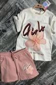 Kız Çocuk Çiçek Ve Girl Yazı Baskılı Penye T-Shirt Pudra Şortlu Takım thumbnail 8