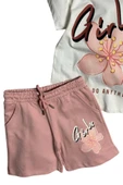 Kız Çocuk Çiçek Ve Girl Yazı Baskılı Penye T-Shirt Pudra Şortlu Takım thumbnail 6