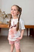 Kız Çocuk Çiçek Ve Girl Yazı Baskılı Penye T-Shirt Pudra Şortlu Takım thumbnail 7