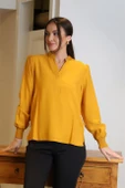 KOLLARI LASTİKLİ V YAKA HARDAL KADIN BLUZ 4028-2Y4 - 2
