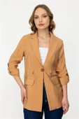 KAPAK CEPLİ BELİ BÜZGÜLÜ CAMEL KADIN CEKET  5140-2Y4 - 1