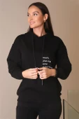 KAPÜŞONLU YAZI BASKILI SİYAH KADIN SWEATSHİRT 26370-2K4 - 3