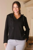 UZUN KOLLU KAPÜŞONLU SİYAH KADIN SWEATSHİRT  8099-2K4 - 3
