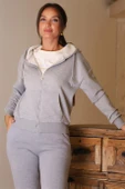 FERMUARLI KAPÜŞONLU GRİ KADIN SWEATSHİRT 0852-2K5 - 2
