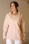 KAPÜŞONLU YAKASI FERMUARLI PUDRA KADIN SWEATSHİRT 2052-2K5 - 1