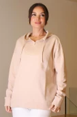KAPÜŞONLU YAKASI FERMUARLI PUDRA KADIN SWEATSHİRT 2052-2K5 - 2
