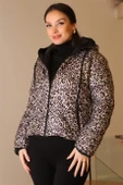 KAPÜŞONLU LEOPAR DESENLİ BEJ KADIN KABAN  180-2K5 - 3