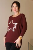 SIFIR YAKA YILDIZ BASKILI BORDO KADIN BLUZ  503-2K5 thumbnail 4