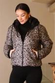 KAPÜŞONLU LEOPAR DESENLİ BEJ KADIN KABAN  180-2K5 - 4