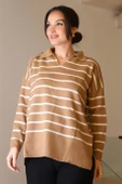 GÖMLEK YAKA ÇİZGİLİ CAMEL EKRU KADIN TRİKO KAZAK 5165-2K5 thumbnail 1