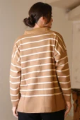GÖMLEK YAKA ÇİZGİLİ CAMEL EKRU KADIN TRİKO KAZAK 5165-2K5 thumbnail 5