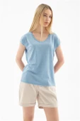SIFIR YAKA KISA KOLLU MAVİ KADIN BLUZ 0202-2Y5 - 2