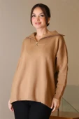 GENİŞ YAKA FERMUARLI CAMEL TRİKO KADIN KAZAK 6078-2K5 thumbnail 1