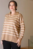 GÖMLEK YAKA ÇİZGİLİ CAMEL EKRU KADIN TRİKO KAZAK 5165-2K5 thumbnail 2