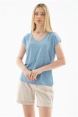 SIFIR YAKA KISA KOLLU MAVİ KADIN BLUZ 0202-2Y5 - 1