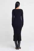 V Yaka Yumuşak Dokulu Fitilli Siyah Kadın Triko Elbise 90242-2K5 - 4