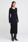 V Yaka Yumuşak Dokulu Fitilli Siyah Kadın Triko Elbise 90242-2K5 - 1