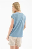 SIFIR YAKA KISA KOLLU MAVİ KADIN BLUZ 0202-2Y5 - 5