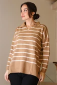 GÖMLEK YAKA ÇİZGİLİ CAMEL EKRU KADIN TRİKO KAZAK 5165-2K5 thumbnail 4