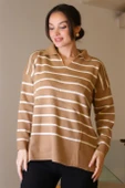 GÖMLEK YAKA ÇİZGİLİ CAMEL EKRU KADIN TRİKO KAZAK 5165-2K5 thumbnail 3