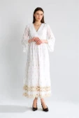 V YAKA ETEĞİ GÜPÜRLÜ EKRU KADIN ELBİSE  M38243-2Y5 thumbnail 1