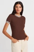 BİSİKLET YAKA İNCE ÇİZGİLİ TRİKO KAHVE KREM KADIN BLUZ 10765-2Y5 thumbnail 1