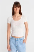 KISA KOLLU DANTEL DOKULU EKRU  KADIN BLUZ 10755-2Y5 - 1